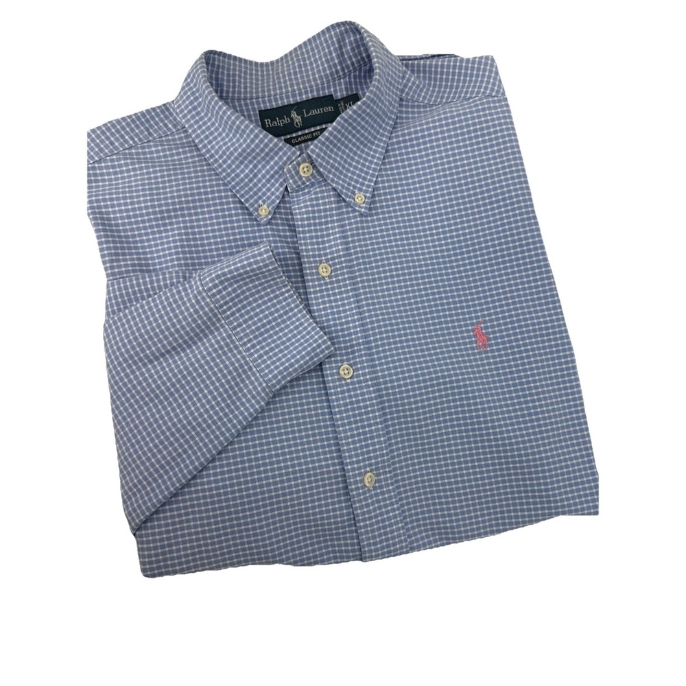 Polo Ralph Lauren Men's Blue & White Gingham Check Pink Logo Long Sleeve ShirtXL